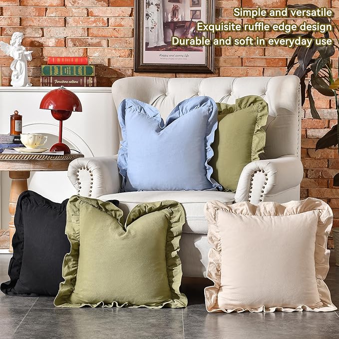 AmHoo Pack of 2 Throw Pillow Covers 100% Cotton Pre Washed Ruffle Decorative Pillowcase Cushion for Couch Sofa Bedroom 20 x 20-Inch Black
