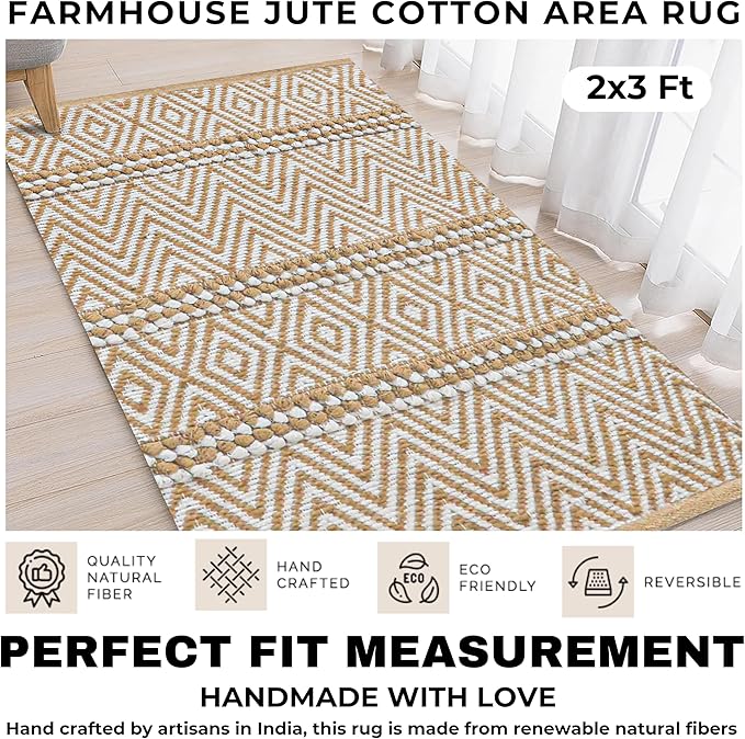 Bedding Craft Jute Cotton Stripe Area Rug for Living Room 24x36 Inch - Natural Ivory - Machine Washable 2x3 Feet Rugs - 70% Jute and 30% Cotton