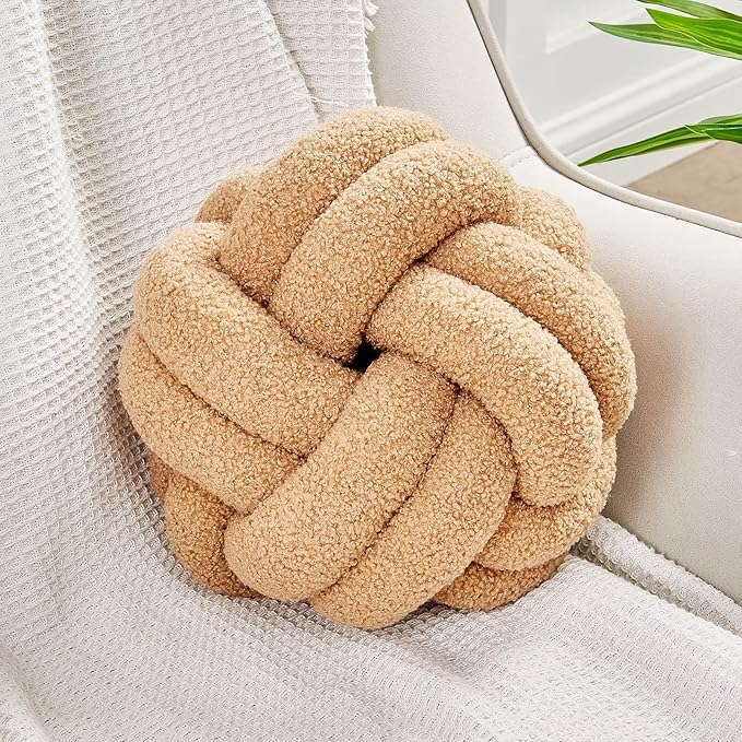 Uvvyui Knot Pillow Ball, Soft Khaki Home Decor Knotted Pillows, Handmade Round Plush Throw Pillow, Aesthetic & Cute Large Decorative Pillows for Bed, Floor, Couch, Bedroom Home Decor 8 inches