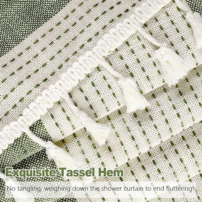 Boho Farmhouse Heavyweight Shower Curtain with Tassels, 350GSM Cotton Linen Woven Fabric Shower Curtain Striped, Sage Green Natural Country Bathroom Curtain Water Repellent