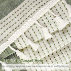 Boho Farmhouse Heavyweight Shower Curtain with Tassels, 350GSM Cotton Linen Woven Fabric Shower Curtain Striped, Sage Green Natural Country Bathroom Curtain Water Repellent