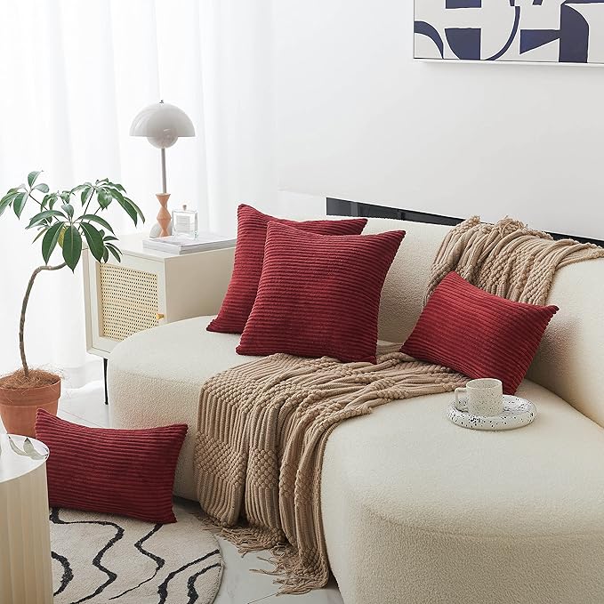 Home Brilliant Lumbar Throw Pillow Covers 12x20 inch 2 Pack Solid Striped Corduroy Dark Red Rectangle Pillow Cover for Sofa Couch Wedding Christmas Decorations, 12 x 20 inch, Burgundy