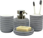 ZCCZ Black and White Bathroom Accessories Set, 4 Pieces - Toothbrush Holder, Soap Dispenser, Vanity Tray, Tumbler - Countertop Organizer for Bathroom Decor - Modern Accessory Set for Home and Office