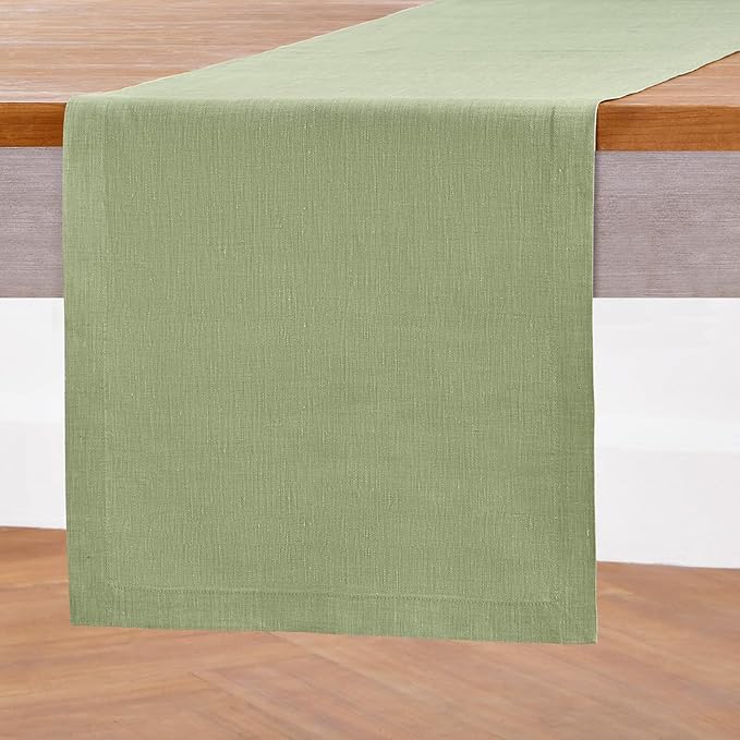 Solino Home Linen Table Runner 72 Inches Long - Athena, 100% Pure Linen Chambray Olive Table Runner 14 x 72 Inch for Dining, Fall, Autumn, Thanksgiving