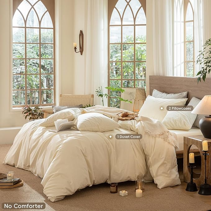 MooMee Wavy Striped Duvet Cover Set 100% Washed Cotton Linen Like Textured Breathable Durable Soft Comfy (Cream White, Queen 90"x90")