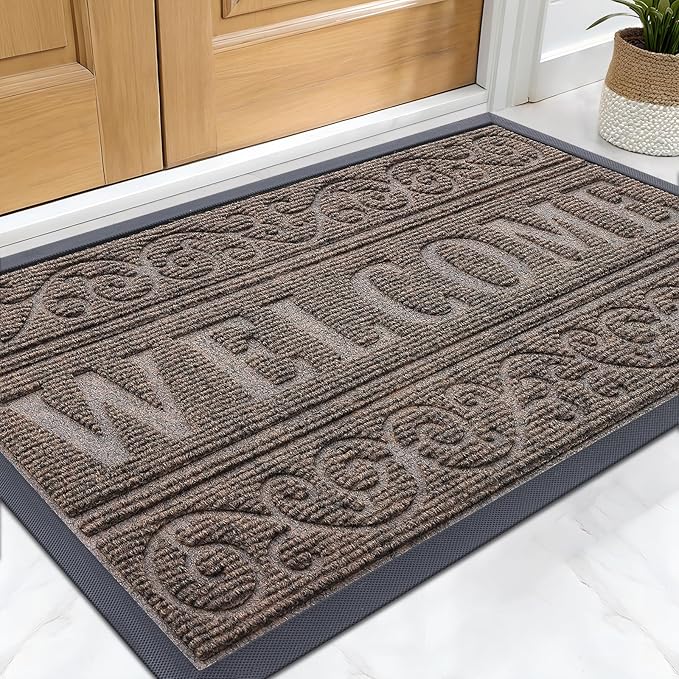 OLANLY Welcome Door Mat Indoor Outdoor Entrance, Heavy Duty Sturdy Front Door Mat, Waterproof All-Weather Doormat, Stain Resistant, Low Profile, Easy Clean Patio Entryway Mat, 29.5 x 17, Brown