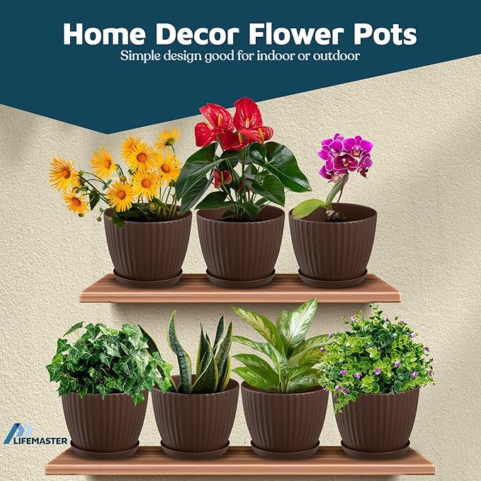 Brown 6-Inch Plant Pots with Drainage & Saucers 12 Pack, Indoor & Outdoor Planters for Houseplants, Herbs, and Flowers, Durable & Weatherproof Material, Stackable, Lightweight, Minimalist Design