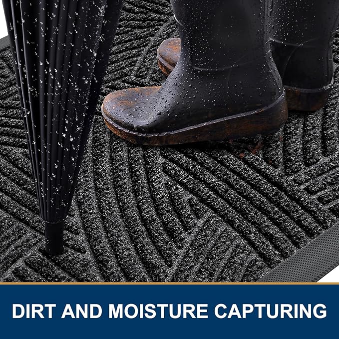 Smiry Front Door Mat Indoor Outdoor Entrance, Heavy Duty Natural Rubber, Sturdy Trap Dirt, Moisture Doormat and Easy Clean Low Profile Patio Porch Entryway Mat, 36x24 Inch, Black/Geometric