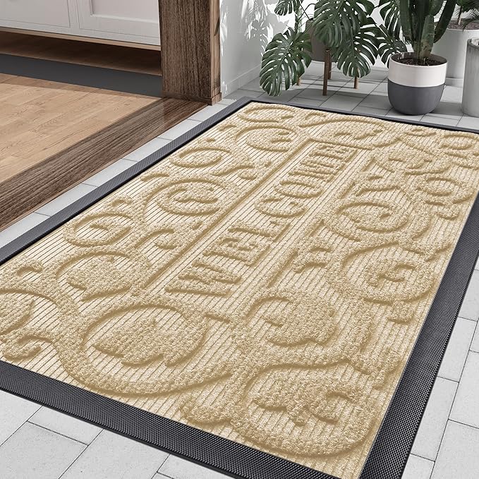 Smiry Welcome Door Mat Outside Entrance, Heavy Duty Trap Dirt and Moisture Easy Clean Low Profile Patio Porch Indoor Outdoor Front Doormat for Entry, 36x24 Inch, Beige/Welcome