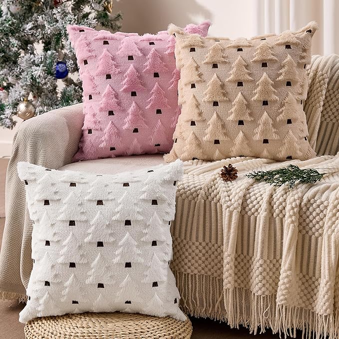 Christmas Pillow Covers 18x18 inch Set of 2 Pink Christmas Decorations Soft Plush Faux Fur Wool Xmas Tree Throw Pillow Cases Winter Holiday Decor for Sofa Living Room PT002E18