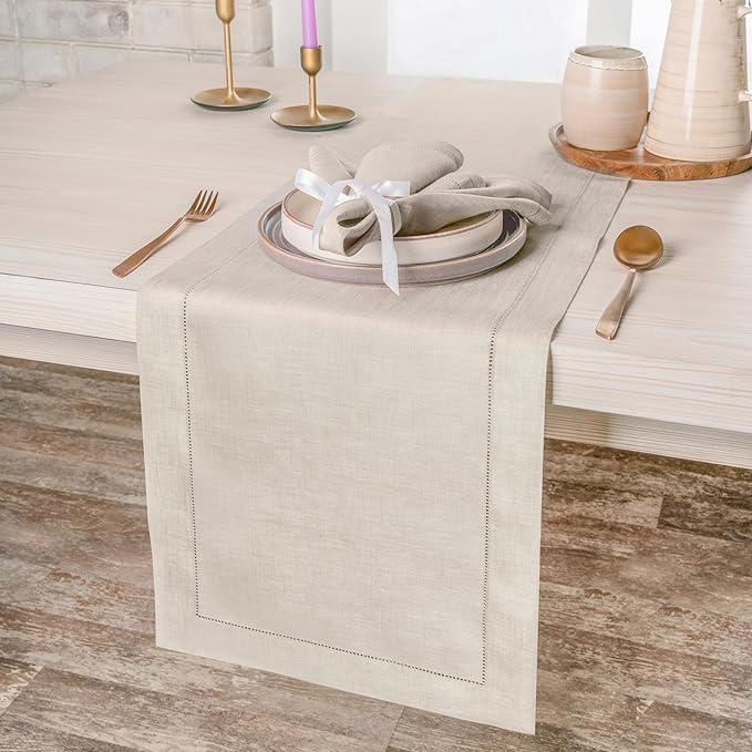 D'Moksha Homes Linen Light Natural Table Runner 90 Inches Long - Classic Hemstitch 100% Pure Linen Dining Table Runner 14 x 90 Inch for Fall, Autumn and Halloween