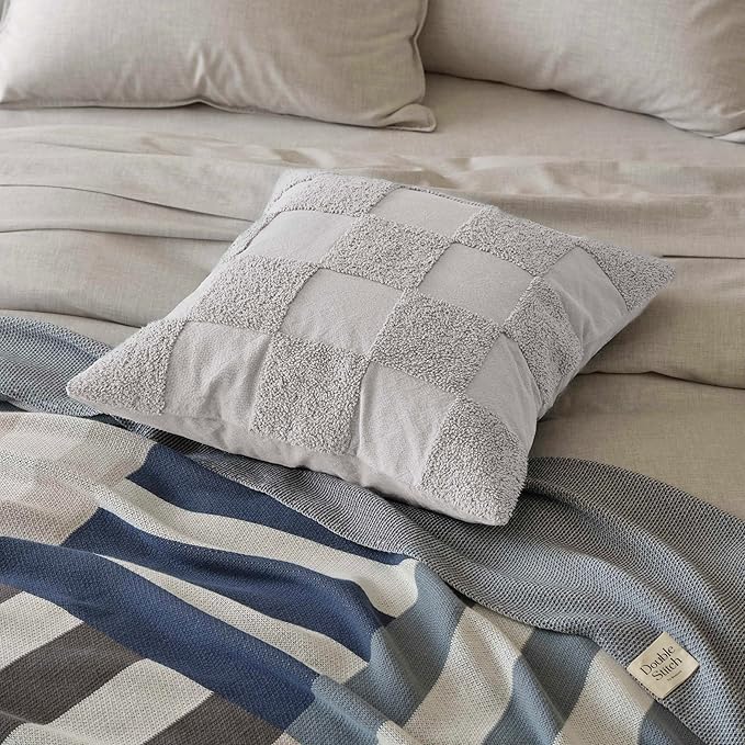 Double Stitch 100% Cotton Throw Pillow Covers - Checkered Tufted Boho Decorative Pillow Covers 20x20, Made in India, Square Cushion Case, Modern Home Decor for Couch, Sofa, Living Room, Winter Sky