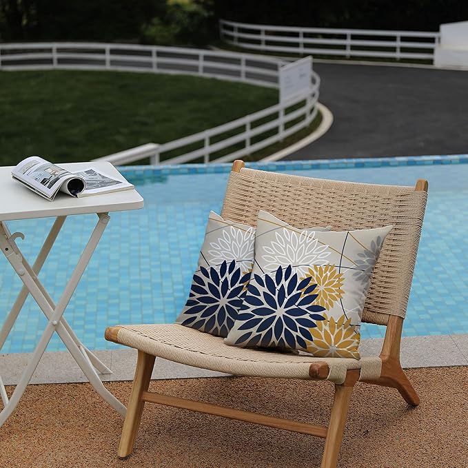 Outdoor Pillow Covers 16x16 Inch Set of 2 Navy Blue Yellow Outdoor Waterproof Decorative Throw Pillows Summer Spring Decor for Home Patio Funiture Garden Living Room Polyester Cushion Covers 01G16