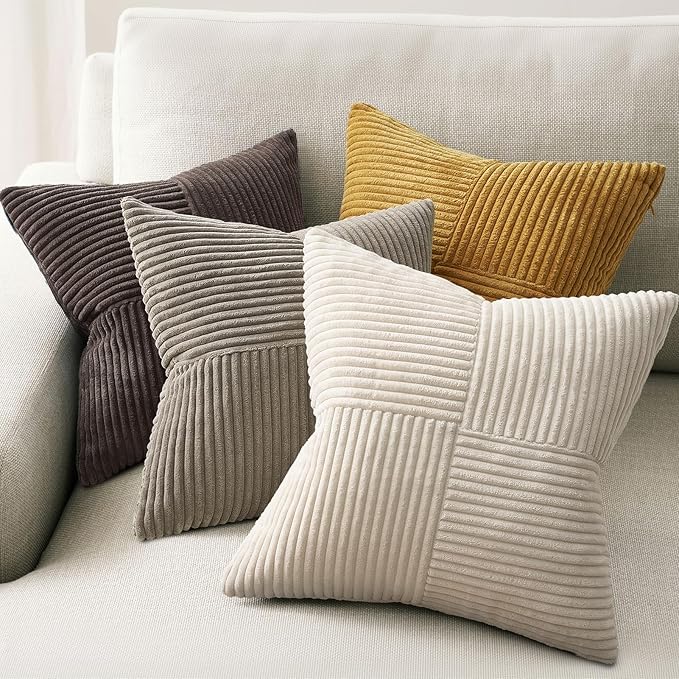 Topfinel Gold Brown Vintage Throw Pillow Covers Set of 4,Rustic Warm Velvet Gold Brown Cushion Covers with Corduroy,Soft Accent Pillowcases for Couch,Bed,Living Room Home Decor 22×22 Inch