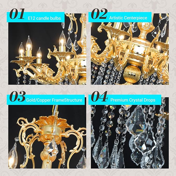 Luxury Gold Crystal Chandelier, 32" Vintage K9 Crystal Pendant Light with 10 Lights, Antique Brass Finish Ceiling Light Fixture with Scrolled Arms for Dining Room Living Room Foyer Villa Hotel