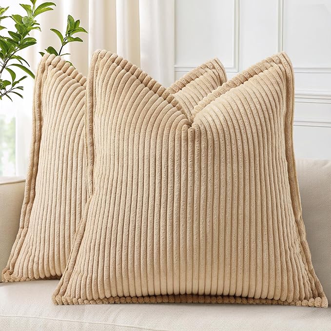 decorUhome Corduroy Light Brown Throw Pillow Covers 22x22 Set of 2 Decorative Soft Boho Farmhouse Euro Couch Pillow Covers for Living Room Bed Sofa Broadside Striped Pillow Cases