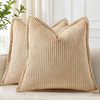 decorUhome Corduroy Light Brown Throw Pillow Covers 20x20 Set of 2 Decorative Soft Boho Farmhouse Euro Couch Pillow Covers for Living Room Bed Sofa Broadside Striped Pillow Cases