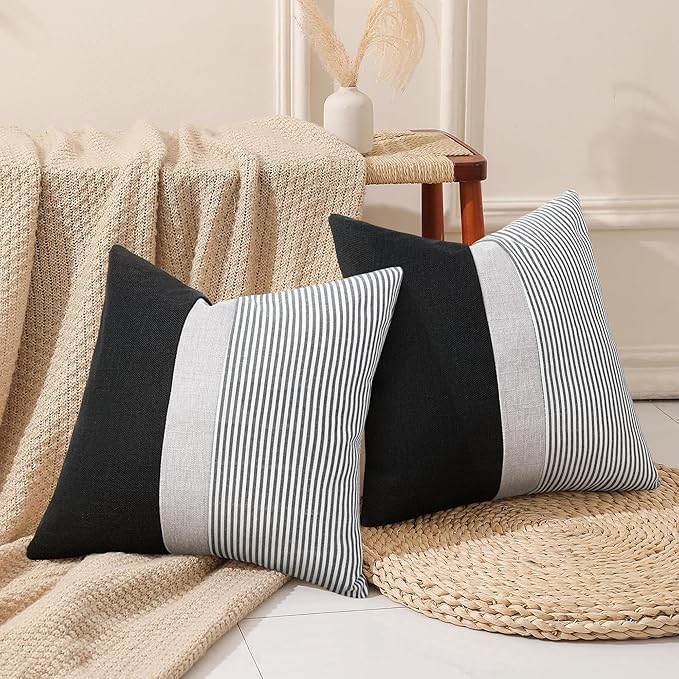 Adabana Stripe Pillow Covers 18x18 Set of 2 Square Patchwork Linen Decorative Lumbar Throw Pillow Covers Modern Farmhouse Decor Pollowcases for Couch Sofa Bedroom,Black Stripe
