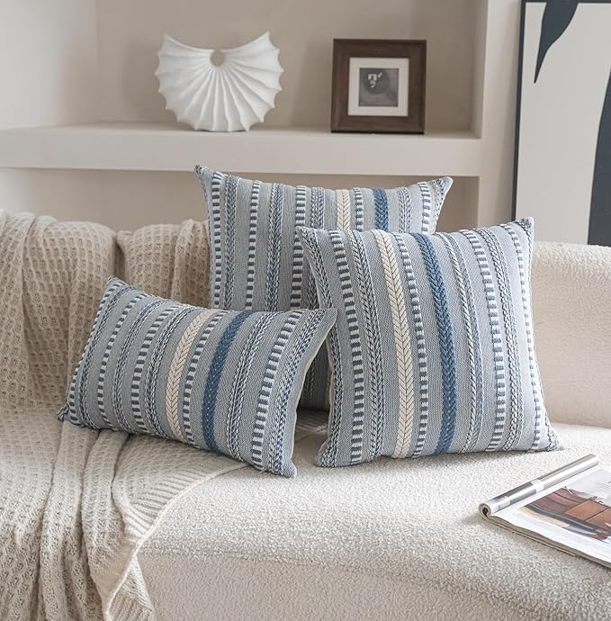 Boho Throw Pillow Covers 20x20 Inch Set of 2, Farmhouse Decorative Couch Pillow Cases, Blue Accent Pillows of Bed, Sofa Bedroom Living Room Home Decor Cushion Cover