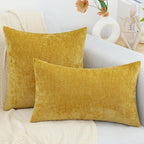 decorUhome Chenille Mineral Yellow Throw Pillow Covers 24x24 Inch Set of 2, Decorative Soft Couch Pillow Covers Solid Dyed Accent Velvet Farmhouse Neutral Square Pillow Cases for Sofa Bed Living Room
