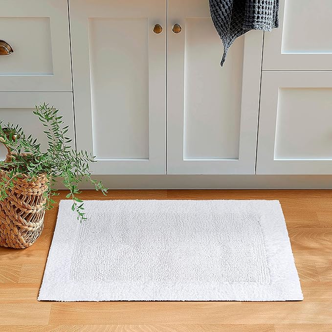 Savi Home Bath Mat Rug 17"x24" White, 100% Pure Cotton, Super Soft Bath Rugs, Plush & Absorbent, Hand Tufted Heavy Weight Construction, Full Reversible Step Out Rugs