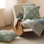 Double Stitch Checkered Throw Pillow Covers - 100% Cotton Set of 2 Tufted Boho Decorative Pillow Covers 20x20, Made in India, Square Cushion Case, Modern Home Decor for Couch, Sofa, Sage Green