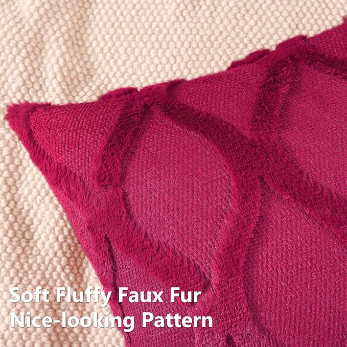 decorUhome Christmas Throw Pillow Covers 16x16 Inch Set of 2, Soft Plush Faux Fur Wool Burgundy Couch Pillow Covers, Decorative Neutral Pillow Cases for Bed Sofa Living Room Home Decor