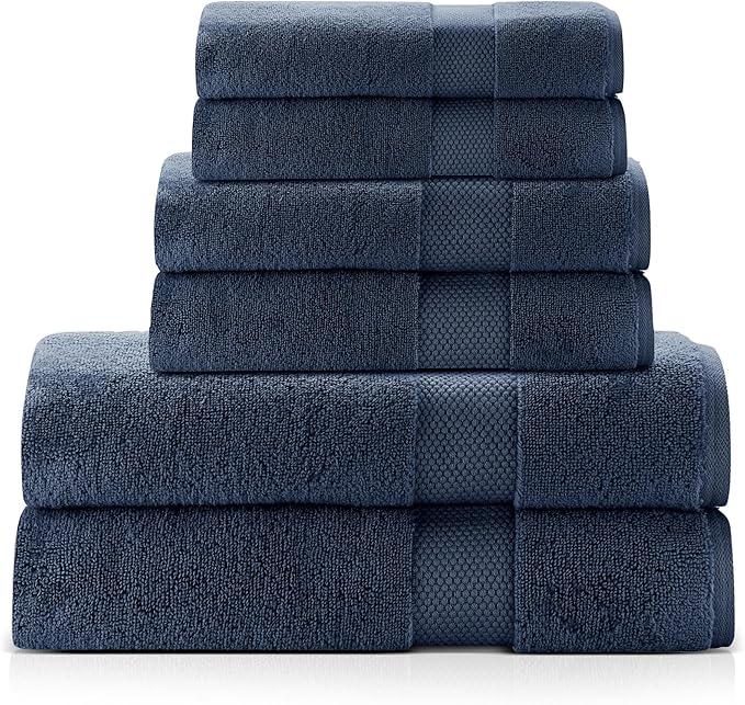 Premium Staple Cotton Bathroom Towel Set - Navy 600 GSM 6-Piece Luxury Bath Towel Set 1 Stripe - 2 Bath Towels, 2 Hand Towels & 2 Washclothes Set - High Absorbent & Quick Dry for Gym, Spa, Hotel