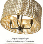 Rattan Wicker Drum Chandeliers for Dining Room, 4-Light Bohemian Hand-Woven Farmhouse Drum Pendant Chandelier Light Fixture for Entryway Living Room Kitchen Stairway Bedroom Hallway