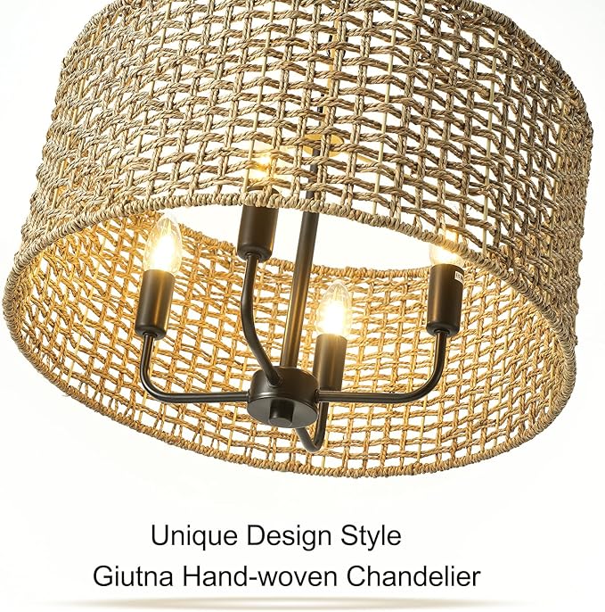 Rattan Wicker Drum Chandeliers for Dining Room, 4-Light Bohemian Hand-Woven Farmhouse Drum Pendant Chandelier Light Fixture for Entryway Living Room Kitchen Stairway Bedroom Hallway