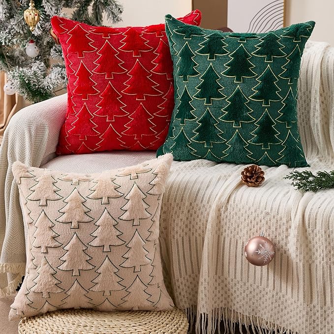 Christmas Pillow Covers 18x18 Set of 2 Green Christmas Tree Decorations Pillow Covers Soft Plush Faux Fur Pillow Cases Decor for Xmas Winter Holiday Home Bedroom Sofa Cushion Cases PT-017A18