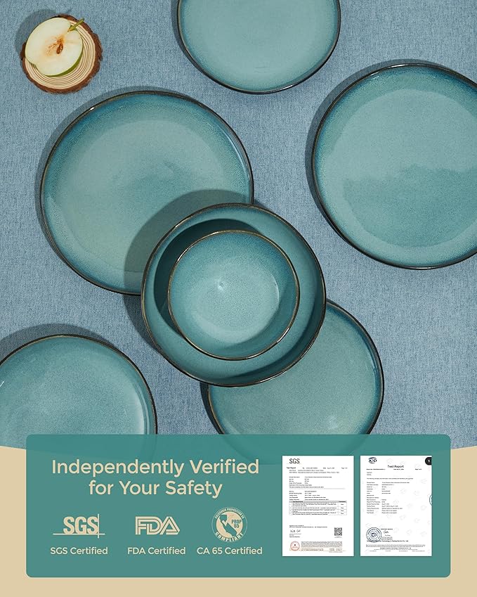 24 Piece Stoneware Dinnerware Set for 8, Reactive Glaze Plates and Bowls Sets | Designed for Holiday Dinners, Thanksgiving, Party Hosting | Durable Irregular Coastal Design, Green Black