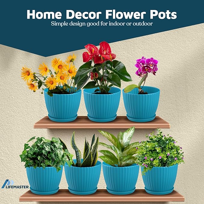 Blue 6-Inch Plant Pots with Drainage & Saucers 12 Pack, Indoor & Outdoor Planters for Houseplants, Herbs, and Flowers, Durable & Weatherproof Material, Stackable, Lightweight, Minimalist Design