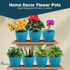 Blue 6-Inch Plant Pots with Drainage & Saucers 6 Pack, Indoor & Outdoor Planters for Houseplants, Herbs, and Flowers, Durable & Weatherproof Material, Stackable, Lightweight, Minimalist Design