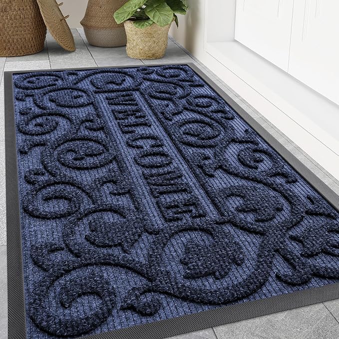 Smiry Welcome Door Mat Outside Entrance, Heavy Duty Trap Dirt and Moisture Easy Clean Low Profile Patio Porch Indoor Outdoor Front Doormat for Entry, 47x32 Inch, Navy Blue/Welcome