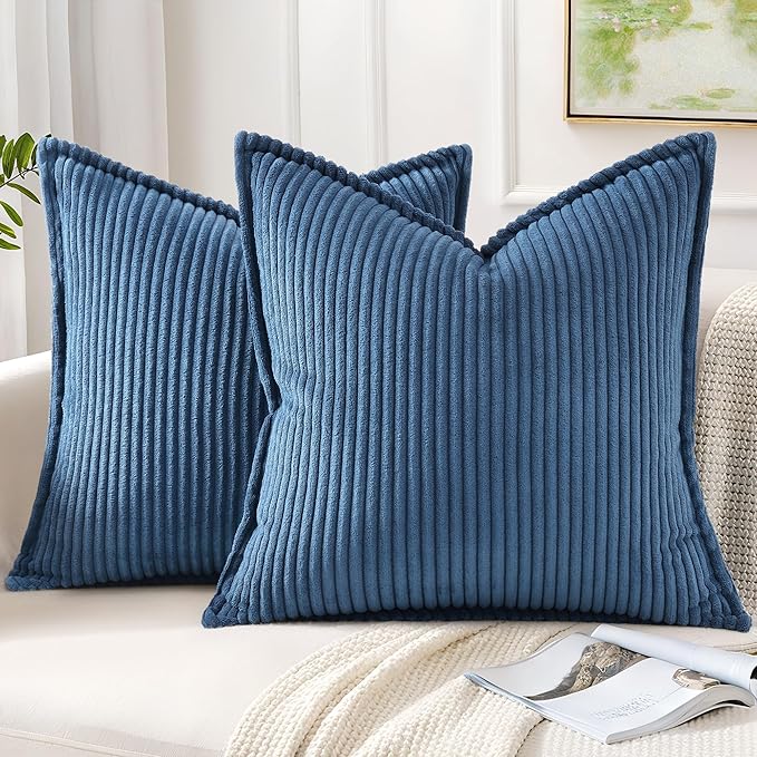 Mecatny Corduroy Throw Pillow Covers 26x26 Set of 2, Neutral Decorative Soft Boho Couch Pillow Covers with Broadside for Sofa Living Room, Navy