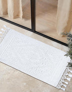 Savi Home Cotton Woven Jacquard Bathroom Rug Set of 2, Woven Fringe Bathroom Mats, 100% Cotton, Non - Slip Bath Mat, Durable Thick Bath Mat 17”x30”& 20"x38" with Fringes, White