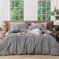 MooMee Gingham Duvet Cover Set 100% Washed Cotton Linen Like Textured Breathable Durable Soft Comfy Modern Checkered Design (Black White Gingham, Cal King 104"x98")