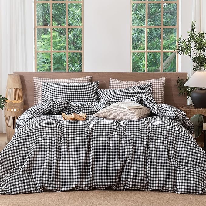 MooMee Gingham Duvet Cover Set 100% Washed Cotton Linen Like Textured Breathable Durable Soft Comfy Modern Checkered Design (Black White Gingham, Super Queen 90"x98")