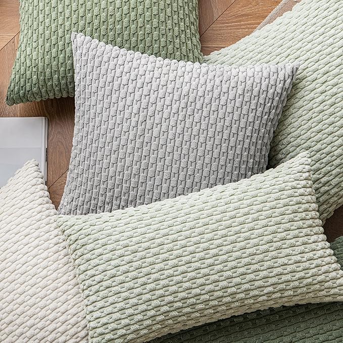MIULEE Pack of 2 Decorative Lumbar Throw Pillow Covers 12x20 Inch Soft Boho Striped Textured Corduroy Pillow Covers Modern Farmhouse Home Decor for Couch Bed Sofa Living Room Light Green