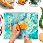 Glass Cutting Board 16"x12": Tempered Glass Kitchen Counter Protector - Durable- Scratch-Resistant, Heat-Proof - Design 9 - Teal Ocean