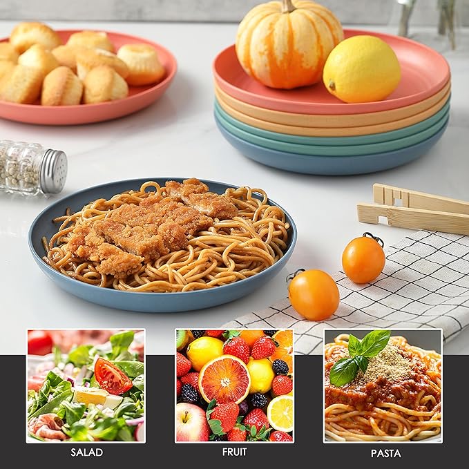 8 PCS Wheat Straw Plates, Kaloo 7.7 Inch Melamine Reusable Plastic Unbreakable Dinner Plates for kitchen, Dishwasher & Microwave Safe (4 colors)