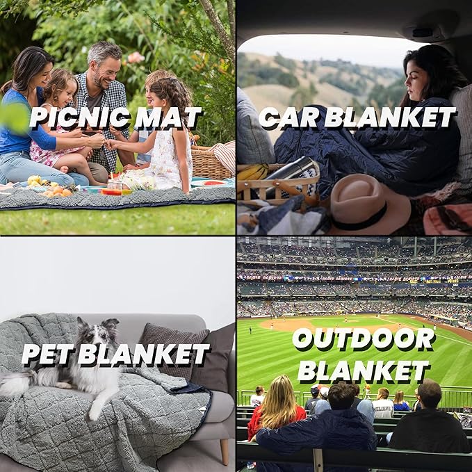 Waterproof Outdoor Blanket 82”X 55” Packable, Stadium Blankets for Camping with Sherpa Fleece Lining, Large Windproof Emergency Mat for Garss Picnic Hiking Road Trip, Machine Washable, Navy 300GSM