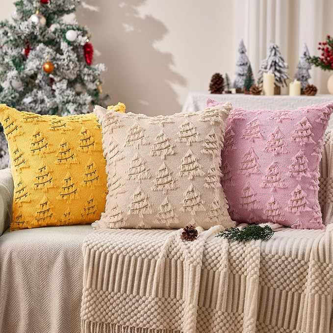 Christmas Pillow Covers 18x18 inch Set of 2 Soft Plush Faux Fur Christmas Decor Yellow Xmax Tree Green Colored Lights Decoration Throw Pillow Case for Winter Holiday Sofa Living Room PT003G18