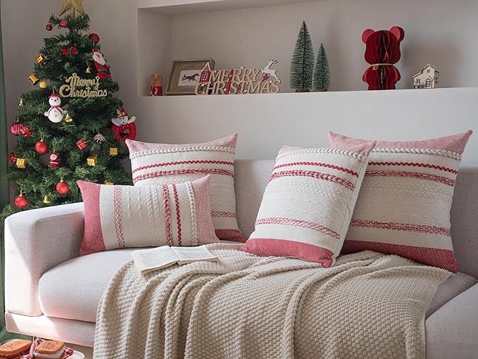 Christmas Pillow Covers 12x20 Inch Set of 2, Red Textured Boho Christmas Decorative Couch Pillow Cases for Farmhouse Home Decor, Accent Cushion Cover for Sofa, Bed, Living Room, Bedroom