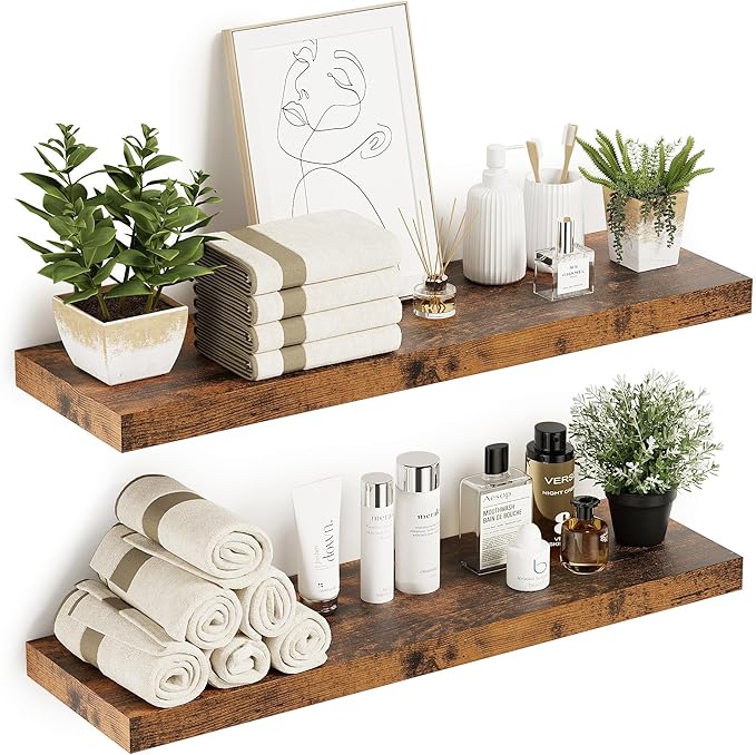 Vivelove Floating Shelves 10 inches Deep, Long 36 x 10 x 1.8 Wall Shelves for Bedroom, Living Room, Kitchen, Office, Bathroom Farmhouse Shelf Home Decor with Invisible Bracket, Rustic Brown