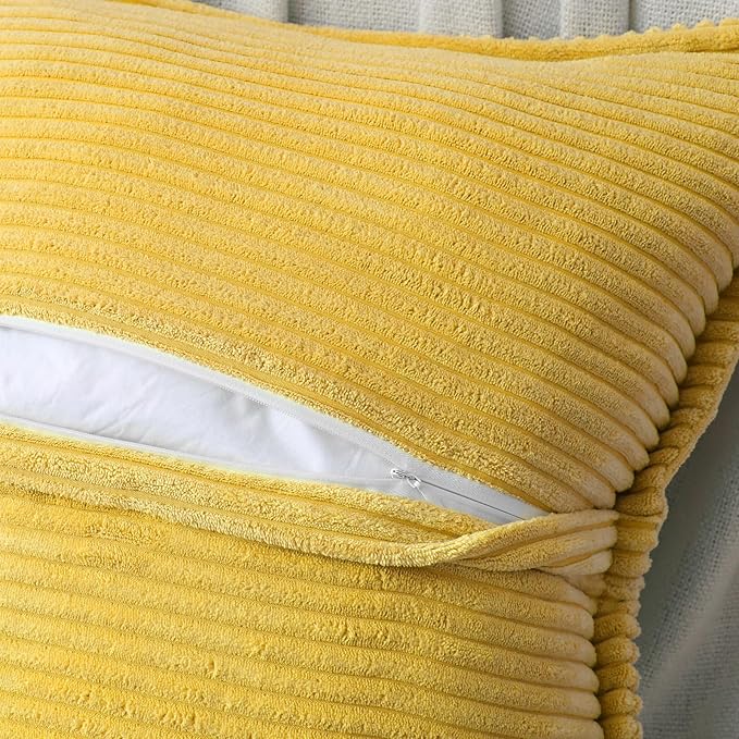 HAUSSY Mustard Yellow Throw Pillow Covers 14x14 Inch Set of 2,Soft Solid Corduroy Striped/Wide Bordered,Square Decorative Cushion Case,Winter Home Decorations for Couch,Bed