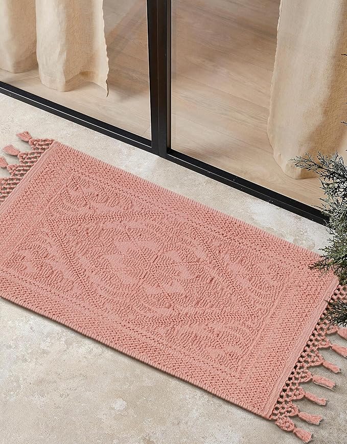 Savi Home Cotton Woven Jacquard Bathroom Rug, Woven Fringe Bathroom Mats, 100% Cotton, Non - Slip Bath Mat, Durable Thick Bath Mat 20”x38” with Fringes, Baby Pink
