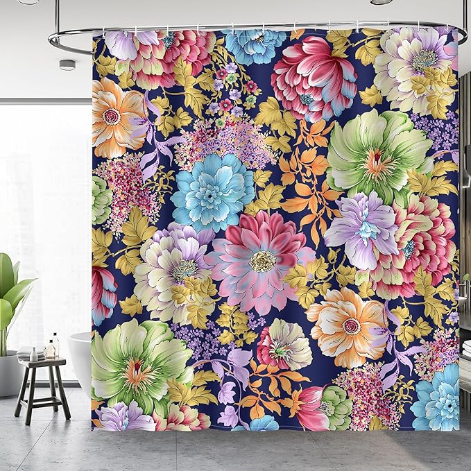 Aimego Boho Floral Shower Curtains - Spring Bohemian Colorful Bright Blossom Flowers Bath Shower Curtain Set with 12 Hooks for Adults Kids Bathroom Decor Accessories, 72"x72"