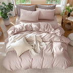 MooMee Bedding Duvet Cover Set 100% Washed Cotton Linen Like Textured Breathable Durable Soft Comfy (Heathered Greyish Pink, King 104"x90")